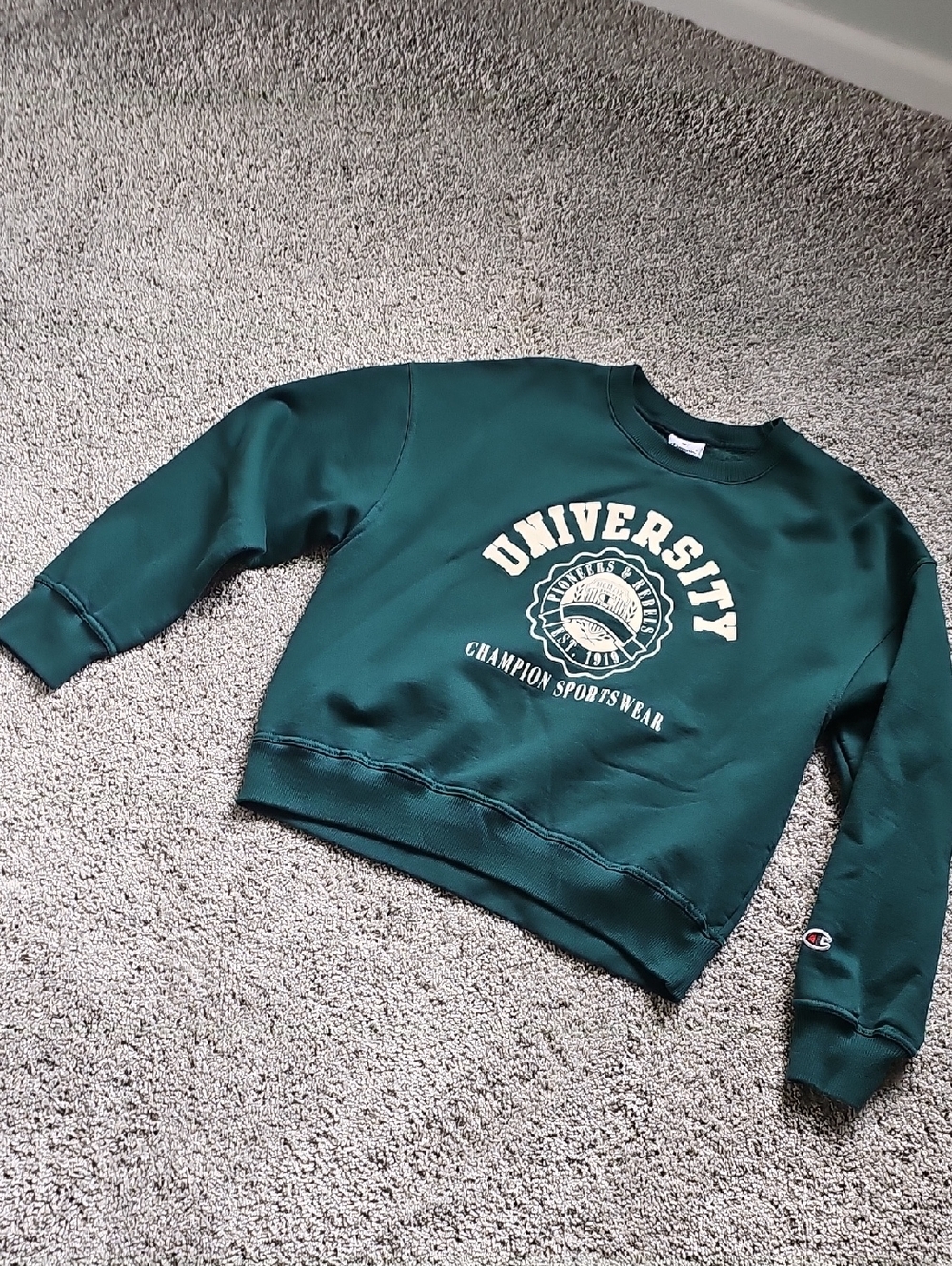 Champion Dark Green University Graphic Crewneck Sweatshirt - Picture 1 of 4